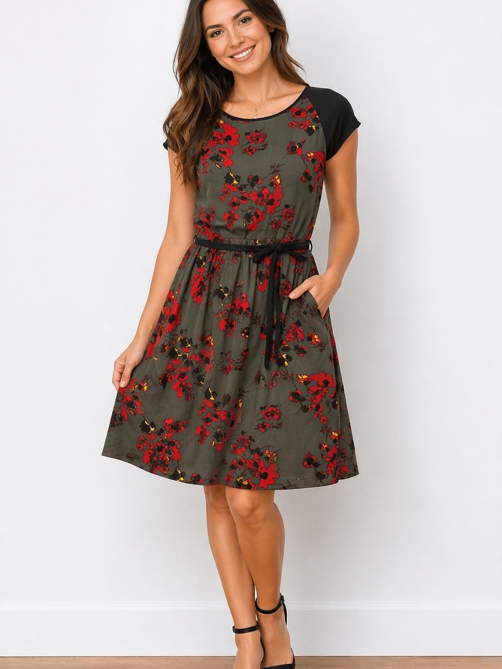 Kensie Olive Green Midi Dress with Red Floral Print